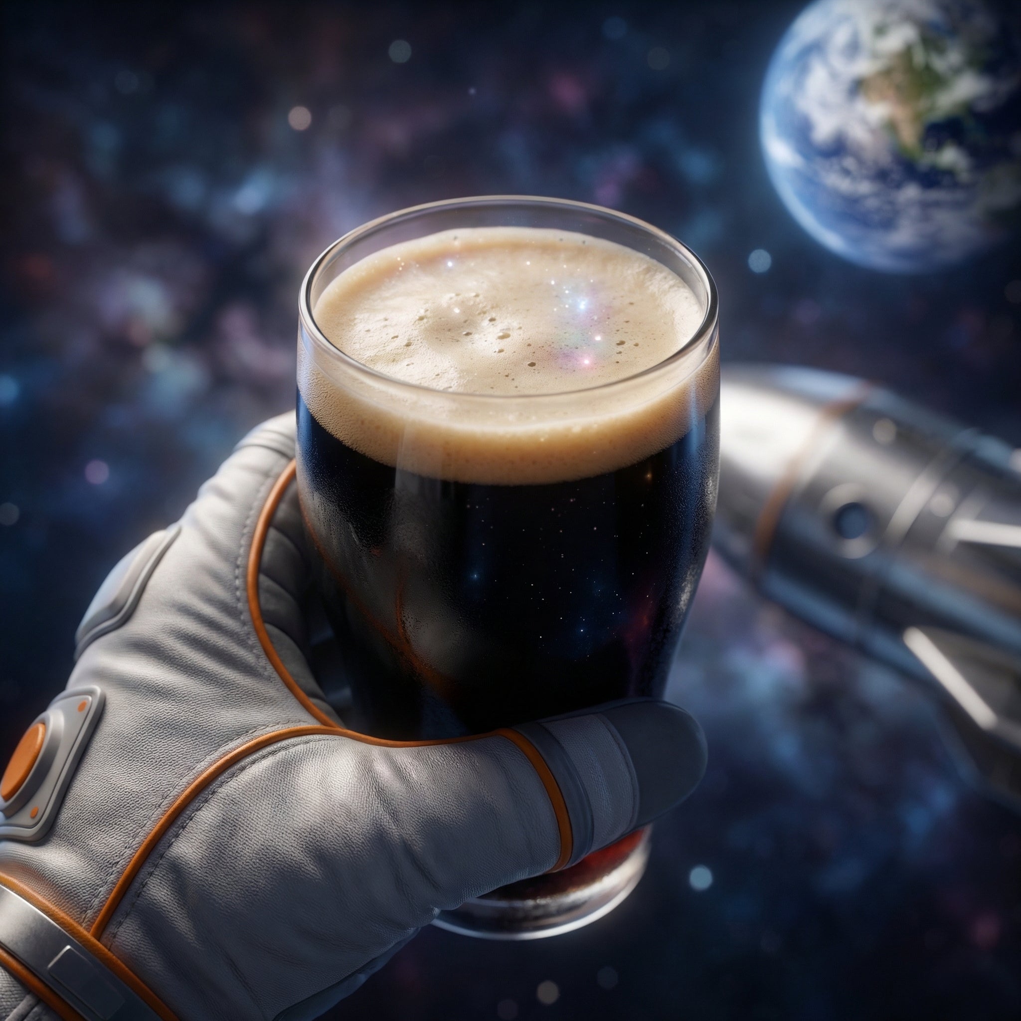 En astronaut svever i verdensrommet med et glass Space Monkey - Oatmeal Stout - allgrain ølsett i hånden, med jorden og et romskip synlig i bakgrunnen.
