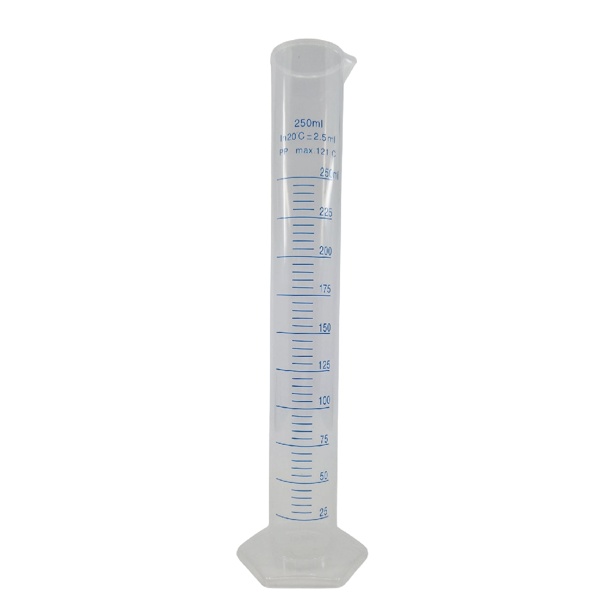 Et gjennomsiktig Testrør for hydrometer (250 ml) står oppreist på en hvit bakgrunn. Det har målemerker opp til 250 milliliter og er ideelt for bruk sammen med et hydrometer.