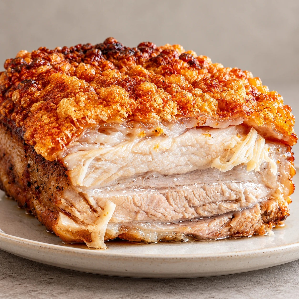 Dry-aged ribbe from Trondheim Slaktehus – roasted ribbe with crisp, popped crackling on a plate