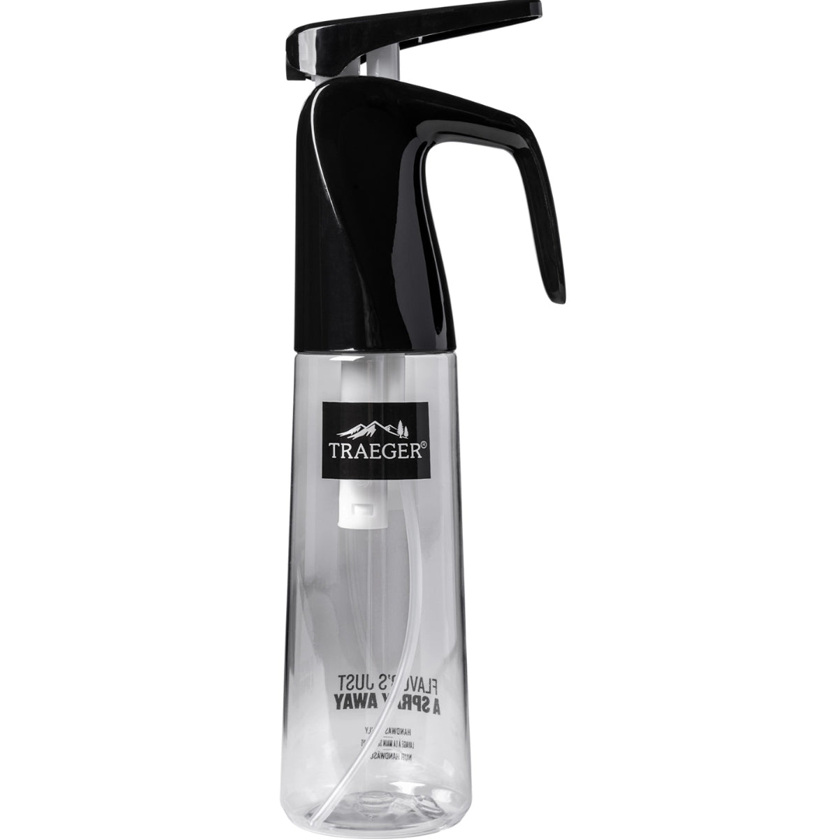 Traeger BBQ Spritzer er en sprayflaske i gjennomsiktig plast med svart avtrekker, merket Traeger-ideell som grilltilbehør for perfekte grillresultater.