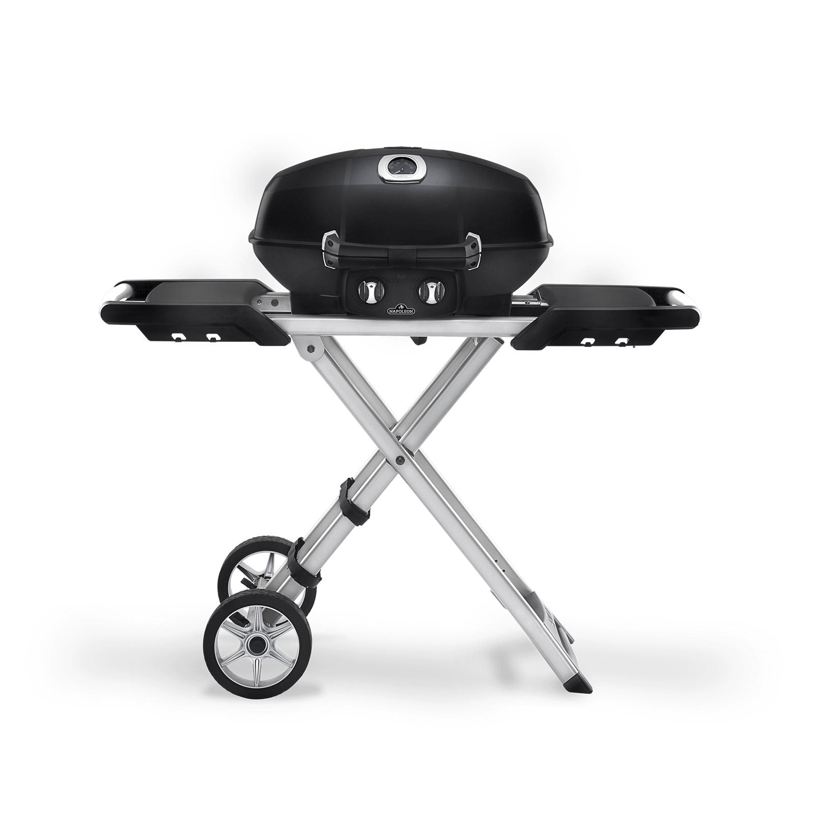 Napoleon TravelQ PRO 285X Gassgrill er en kompakt, bærbar grill med svart, lukket lokk, sammenleggbart metallstativ, to hjul og sidehyller - perfekt for grilling uansett hvor du er.