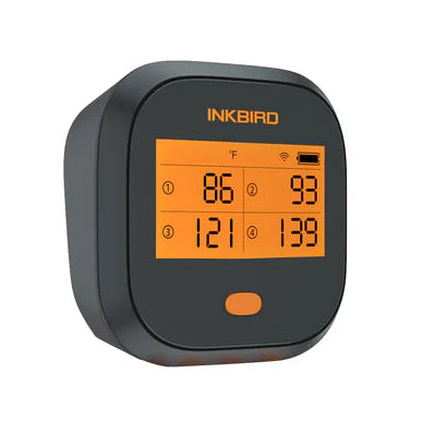 Inkbird IBBQ-4T WiFi Grilltermometer med 4 prober har et oransje bakgrunnsbelyst display og viser Fahrenheit-temperaturavlesninger for presis grilling.
