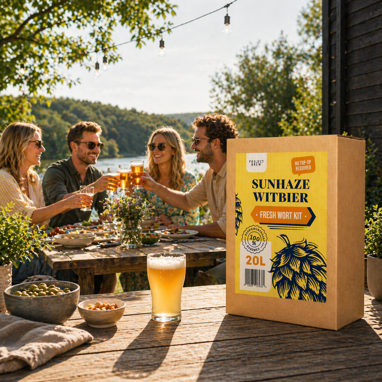 Fire personer sitter ved et bord utendørs og nyter mat og drikke. På bordet i forgrunnen står et Sunhaze Witbier - 20L Fresh Wort Kit og et glass øl.