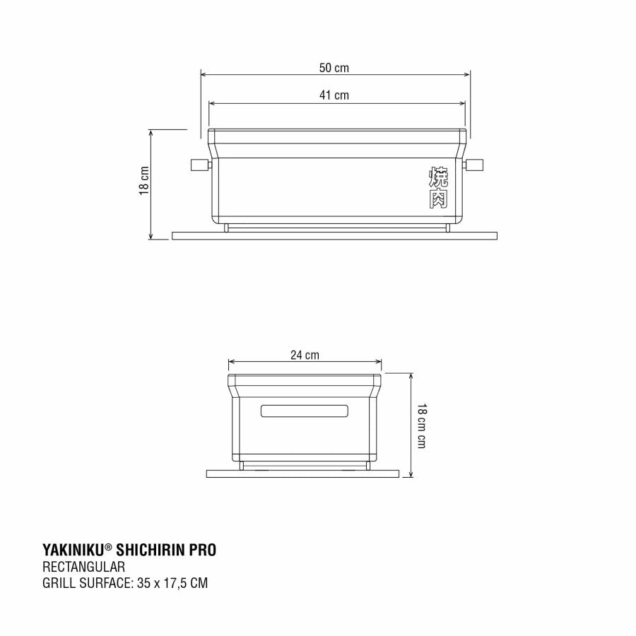 Teknisk tegning av YAKINIKU MEDIUM Rectangular Shichirin PRO | Konro & Yakitori Grill, som viser forfra og ovenfra med merkede mål; har en grillflate på 35 x 17,5 cm.