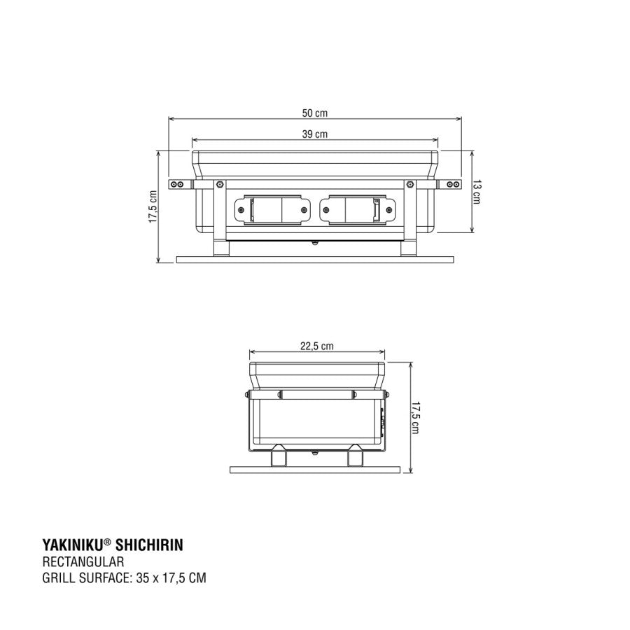 Teknisk tegning av YAKINIKU Rectangular Shichirin | Konro & Yakitori Grill, som viser forfra og fra siden med mål; grillflaten er 35 x 17,5 cm.